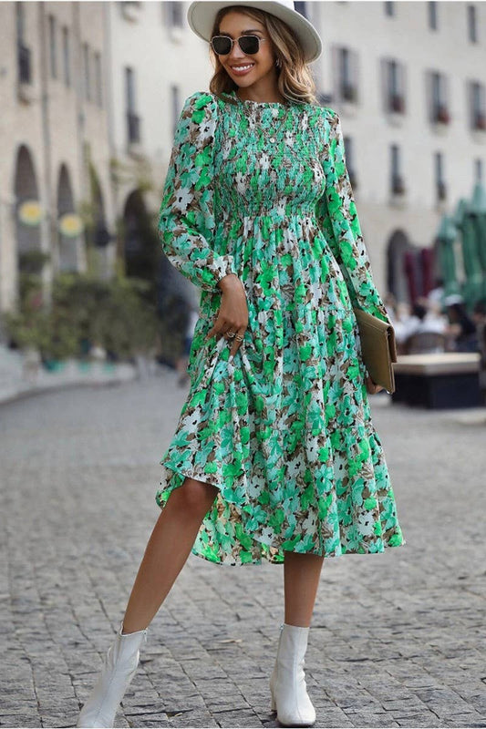 CWDMD4099_PRINTED PLEATED LONG SLEEVE CAKE DRESS