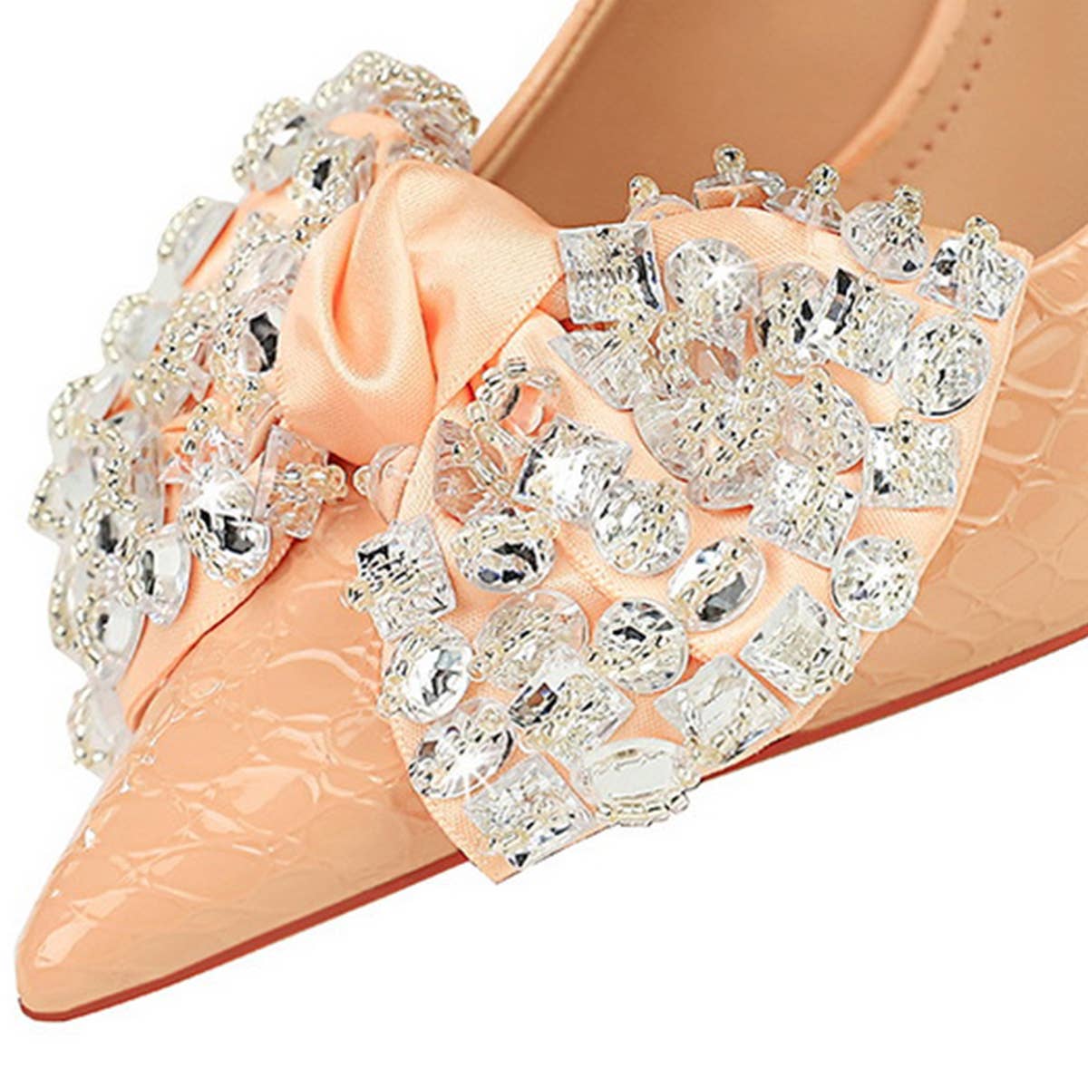 SHALLOW POINTED TOE RHINESTONE BOW HIGH HEELS
