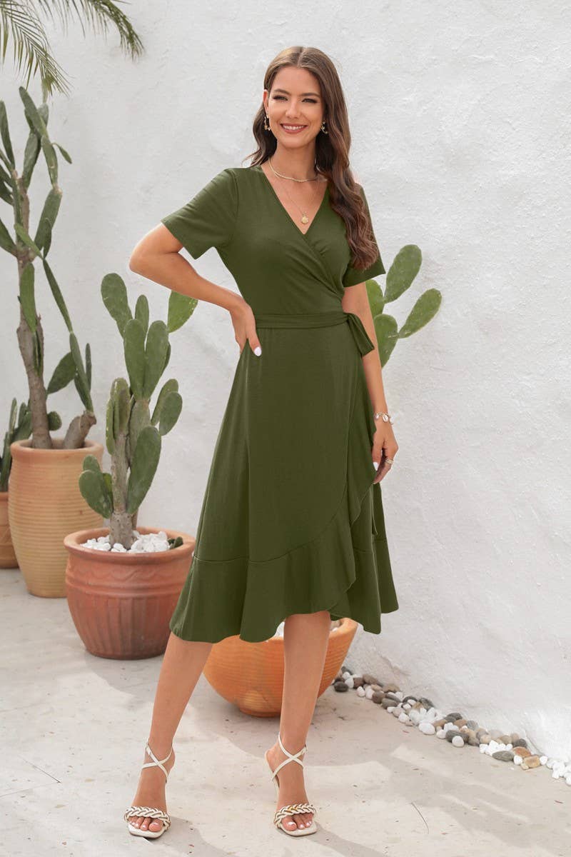 CWDMD2151_SOLID COLOR V-NECK HIGH WAIST BELTED DRESS