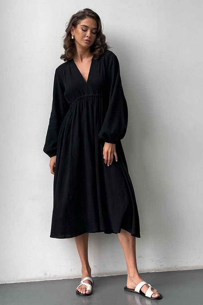 CWDTD0421_V LOOSE COTTON BLACK LONG-SLEEVED NIGHTDRESS