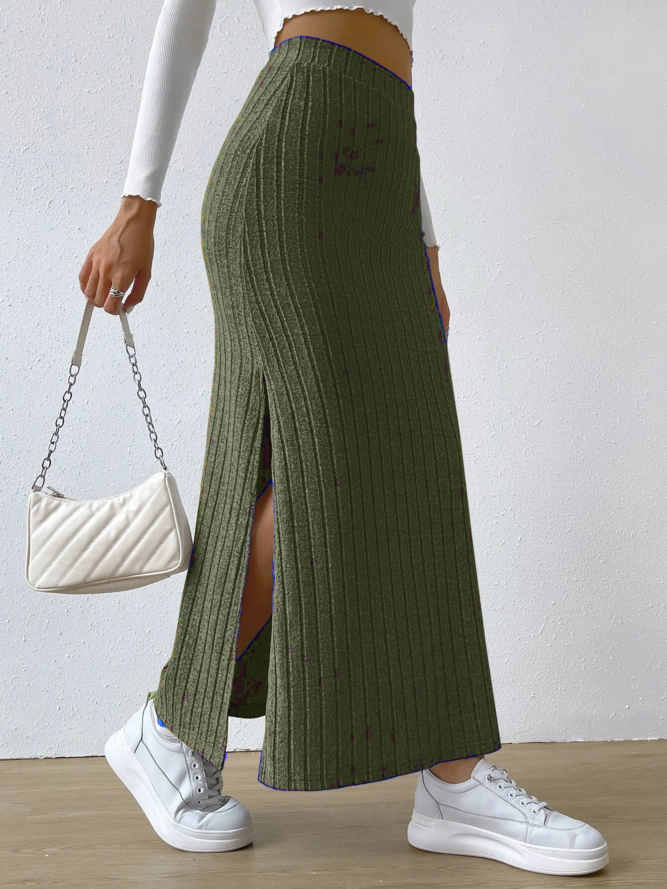 HIGH WAIST SIDE SLIT SLIM KNIT SKIRT