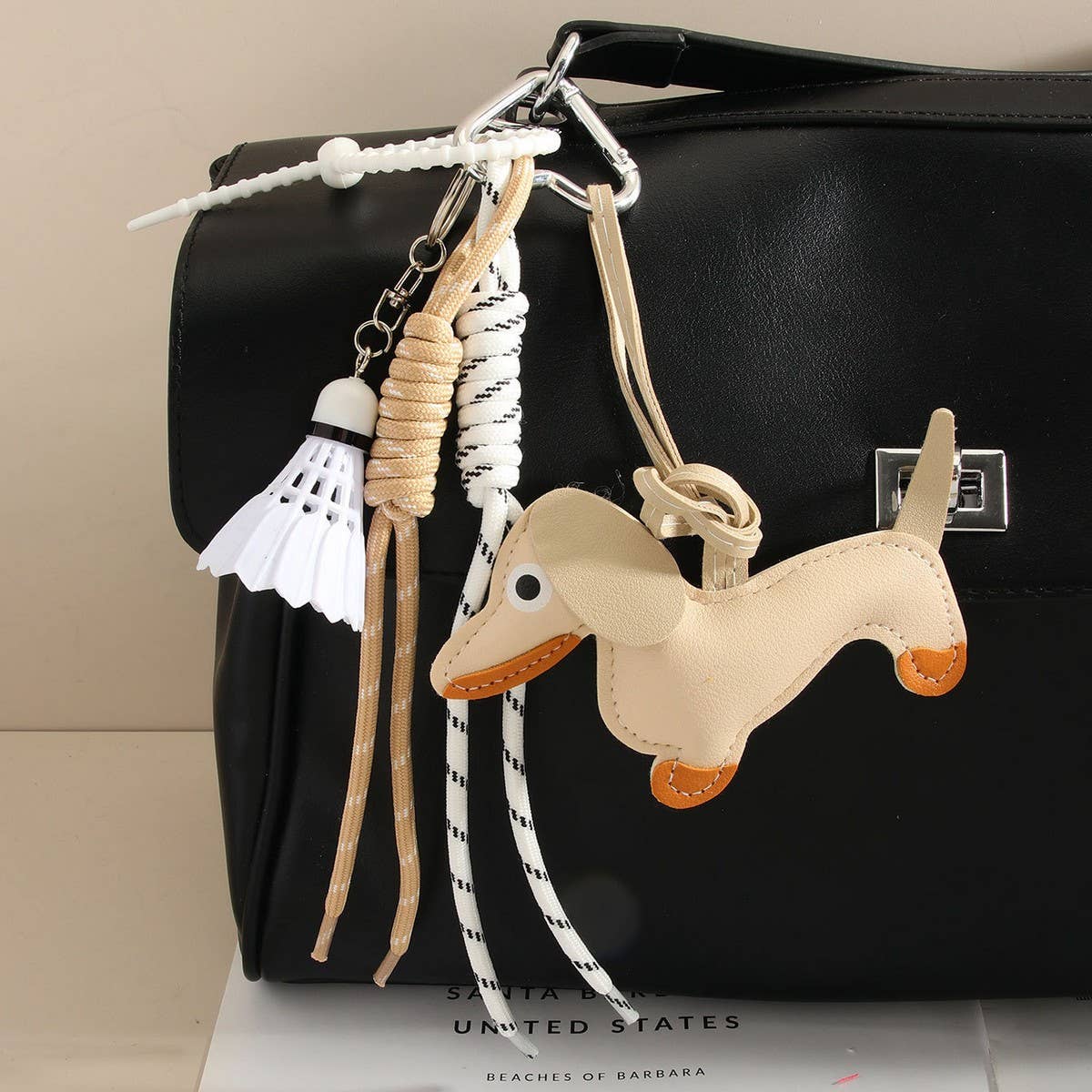Cute Leather Dachshund Bag Charm with Shuttlecock