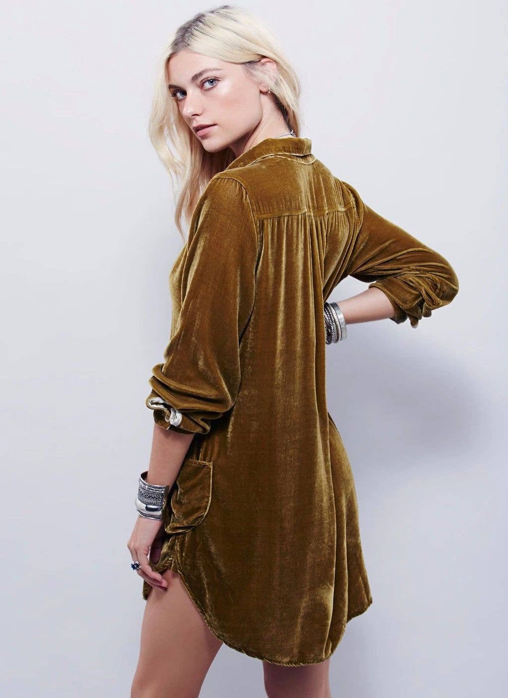 V-NECK LOOSE LONG-SLEEVED CANARY SHIRTDRESS