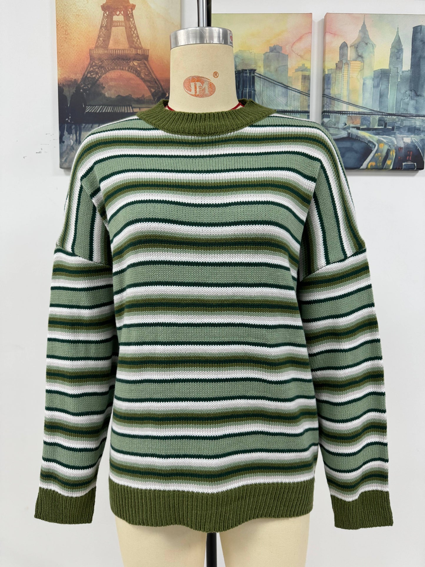STRIPED KNIT CREWNECK PULLOVER SWEATER