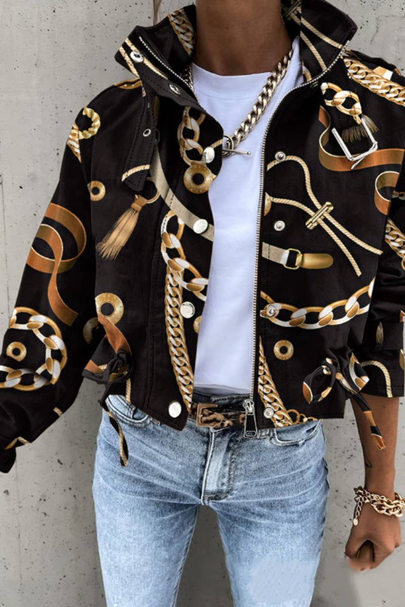 CWOCO1043_BUTTON ZIPPER POLO COLLAR PRINTED SHORT JACKET