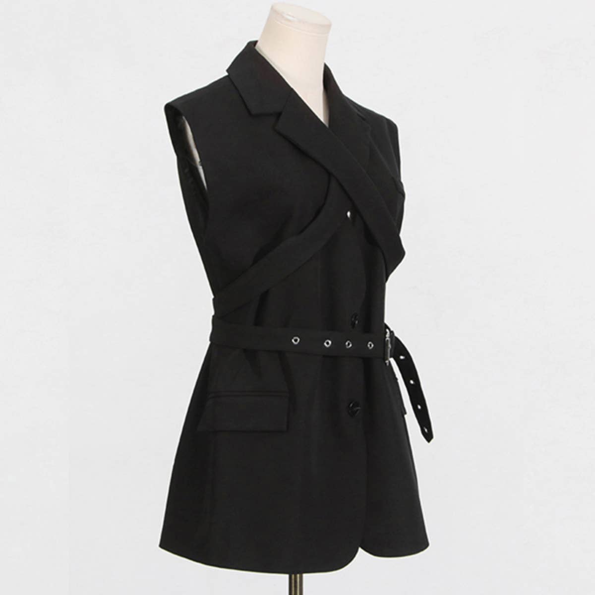 Stylish Sleeveless Blazer with Belt and Lapels_CWOCO1219