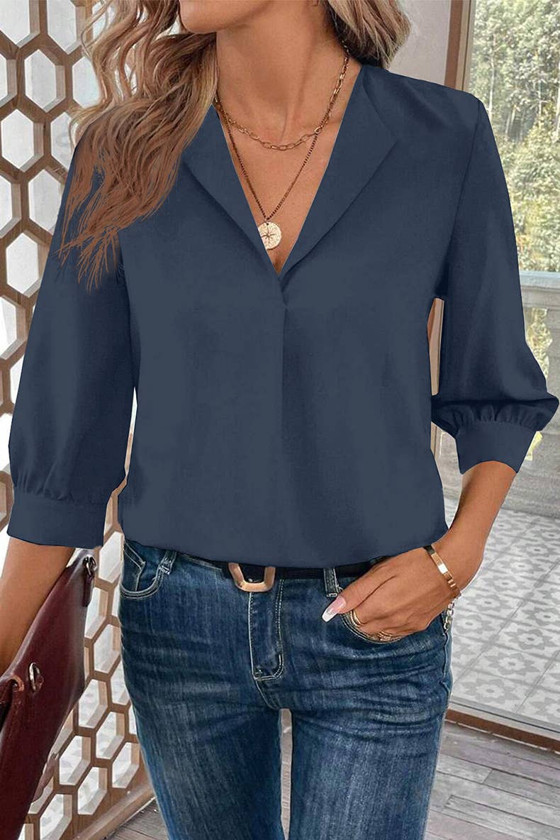 SEVEN-POINT SLEEVE SOLID COLOR V-NECK CHIFFON TOP