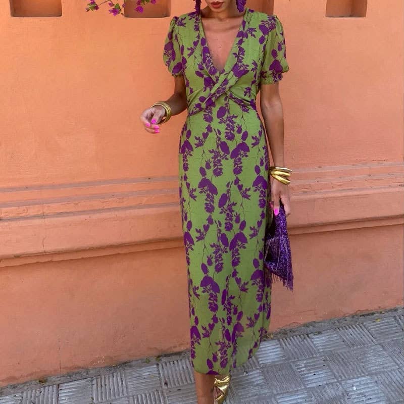 Fashion pleated print slim V-neck dress