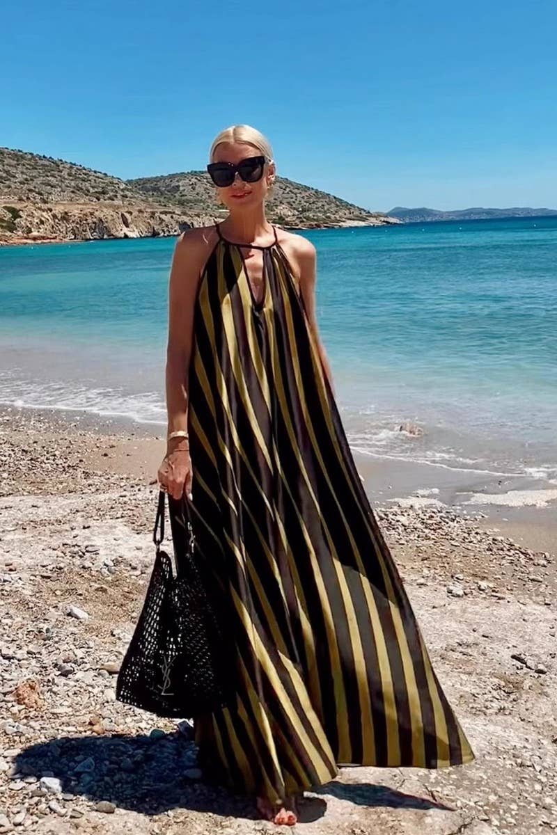 CWDMD6485_STRIPED V-NECK TIE WAIST BEACH MAXI DRESS