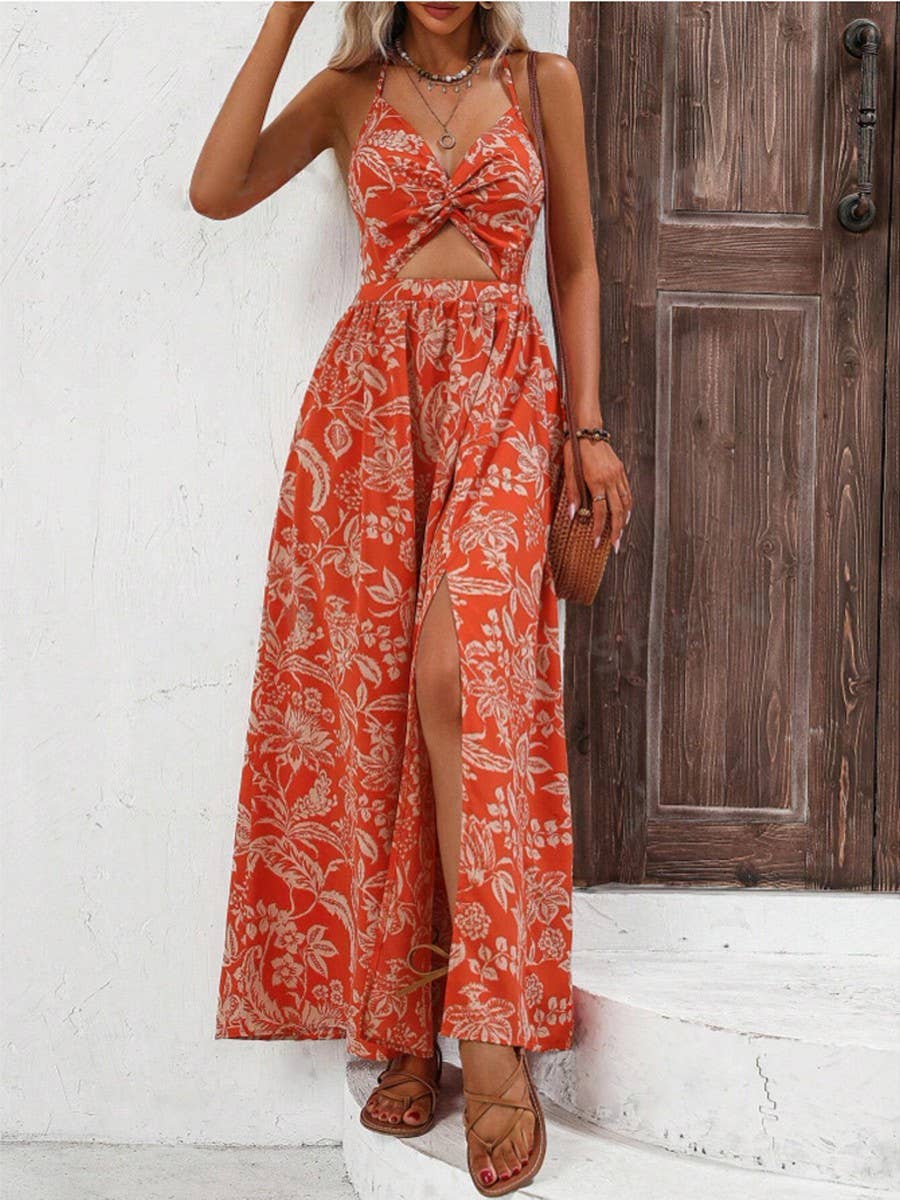 Print twist front and back lace-up halter dress