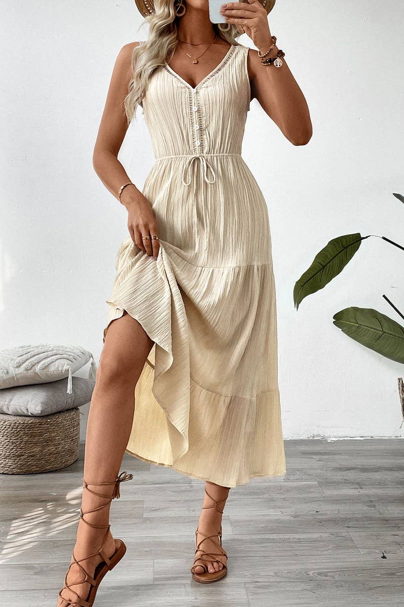 CWDMD5278_SOLID TEXTURED SLEEVELESS BEACH DRESS