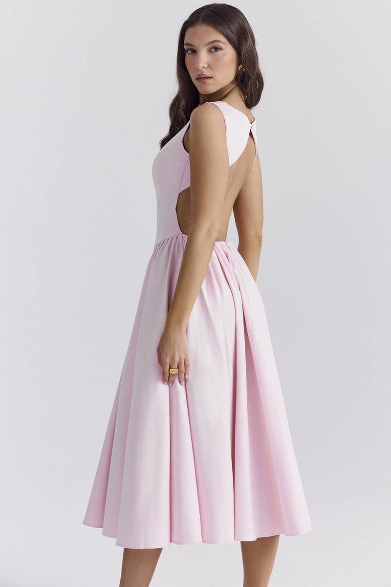 CWDMD5549_LUXURY MONOCHROME ROUND NECK BACKLESS DRESS