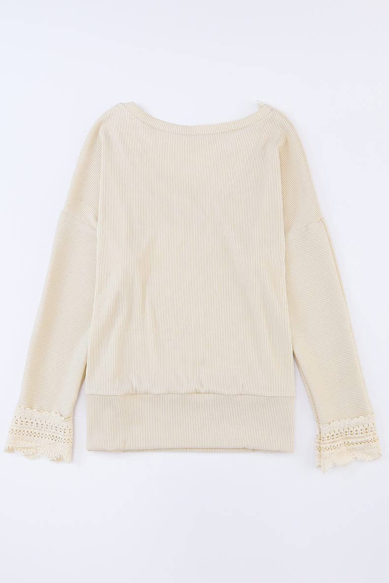 LACE TRIM V-NECK THIN SIMPLE SOLID COLOR SWEATER