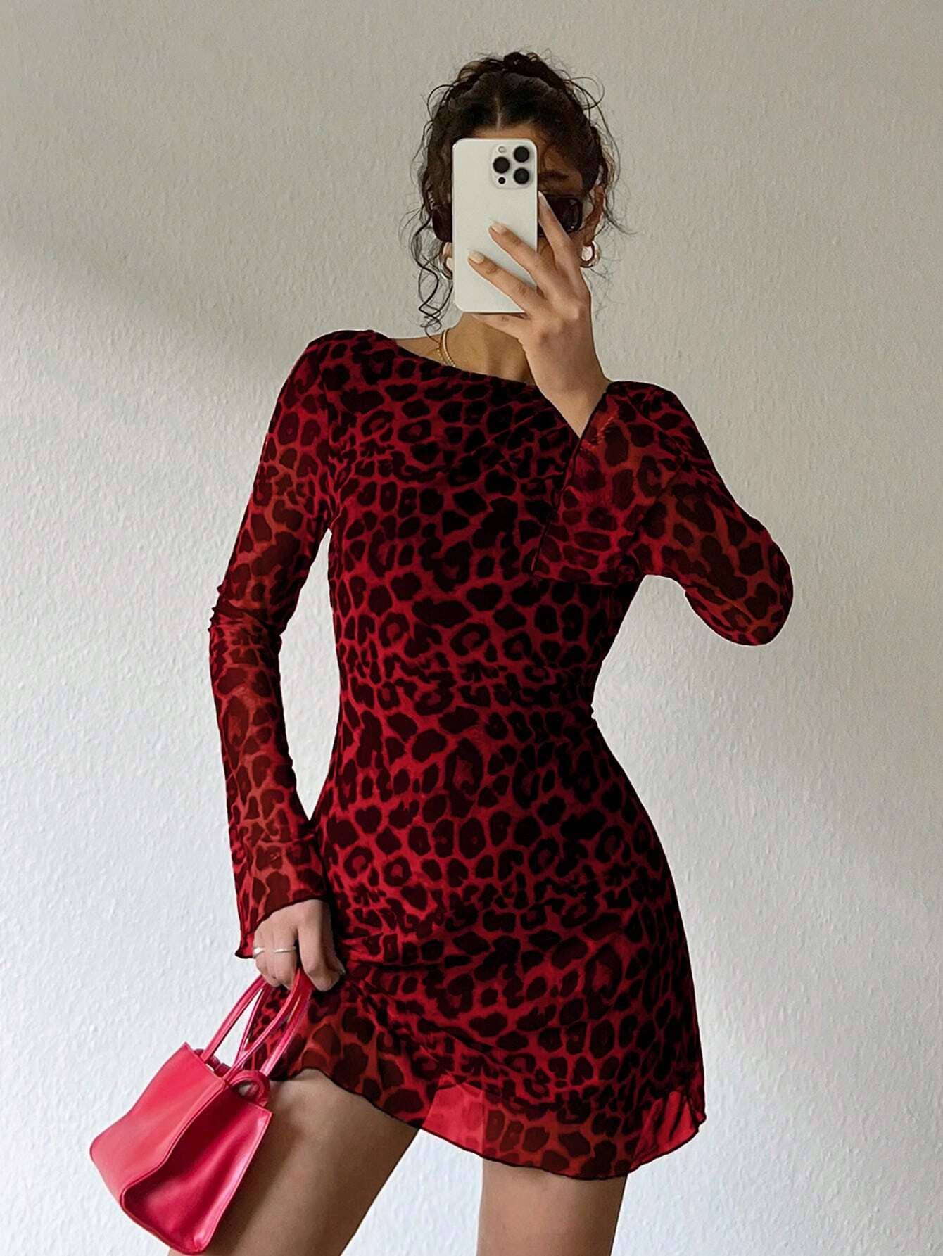 Leopard print mesh short sexy slim backless dress