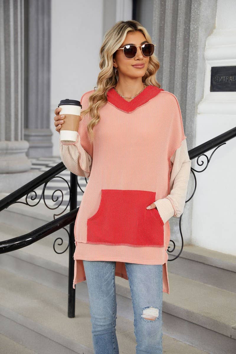 CWOHOL1111_AUTUMN AND WINTER COLOR MATCHING IRREGULAR HOODIE