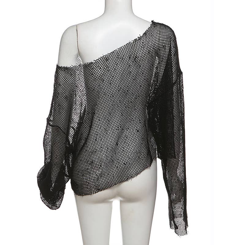 Sheer One Shoulder Mesh Long Sleeve Top
