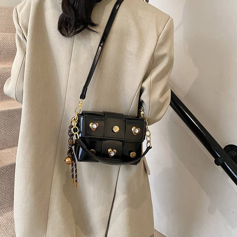 Fashionable spliced crossbody riveted square bag