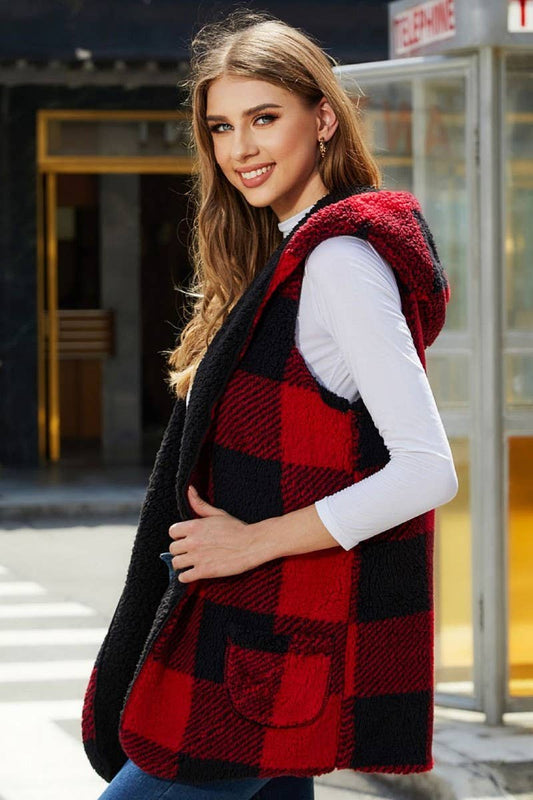 WOMEN FASHION UNBUTTONED PLAID PLUSH VEST_CWOV0086