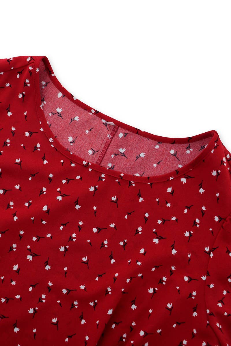 CWDMD3989_SMALL FLORAL ROUND NECK TIE LONG SLEEVE DRESS