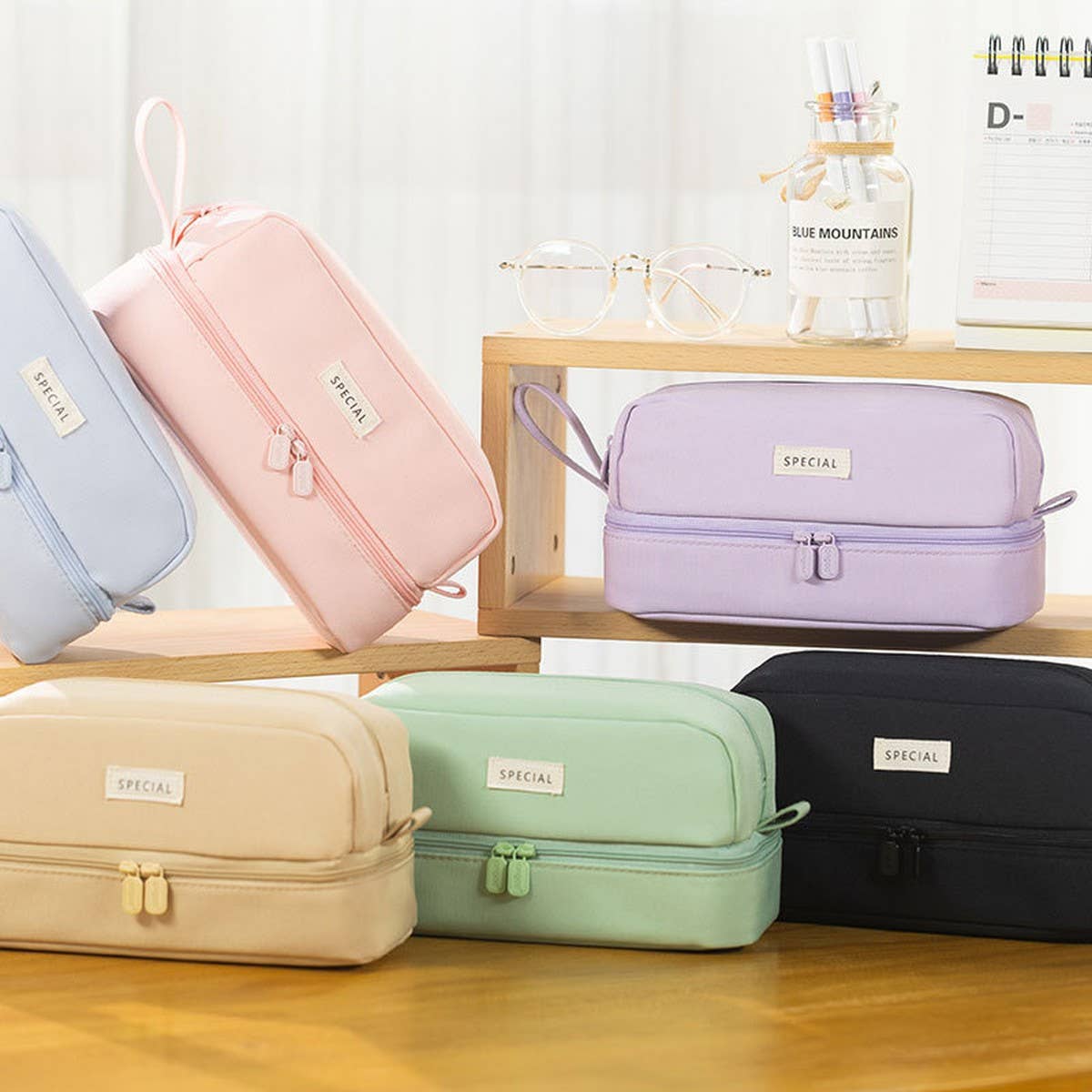 DOUBLE LAYER SOLID COLOR SIMPLE PENCIL CASE