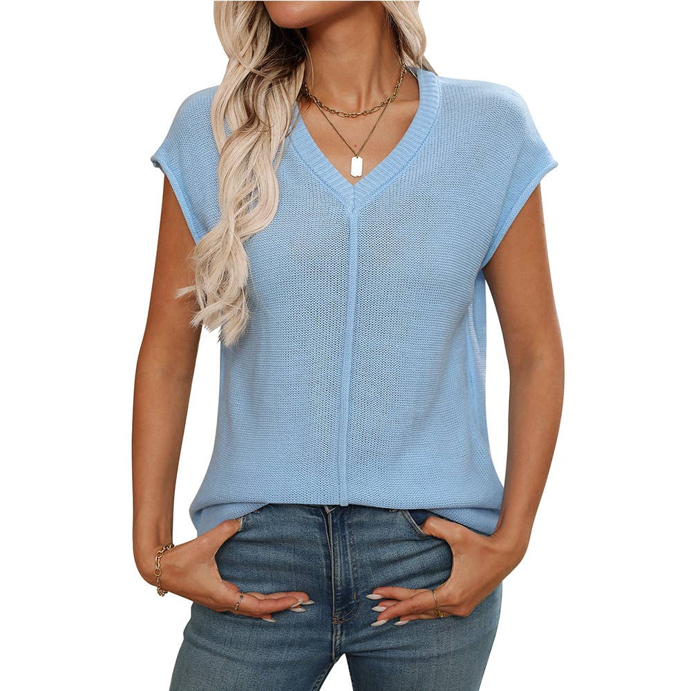 V-neck solid color knitted translucent sweater