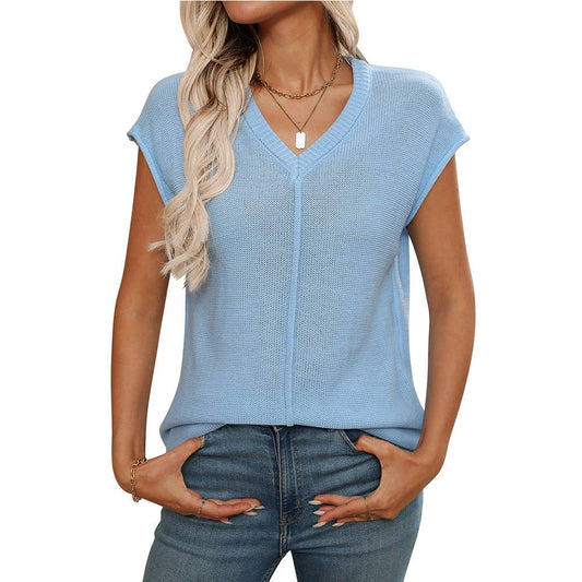 V-neck solid color knitted translucent sweater