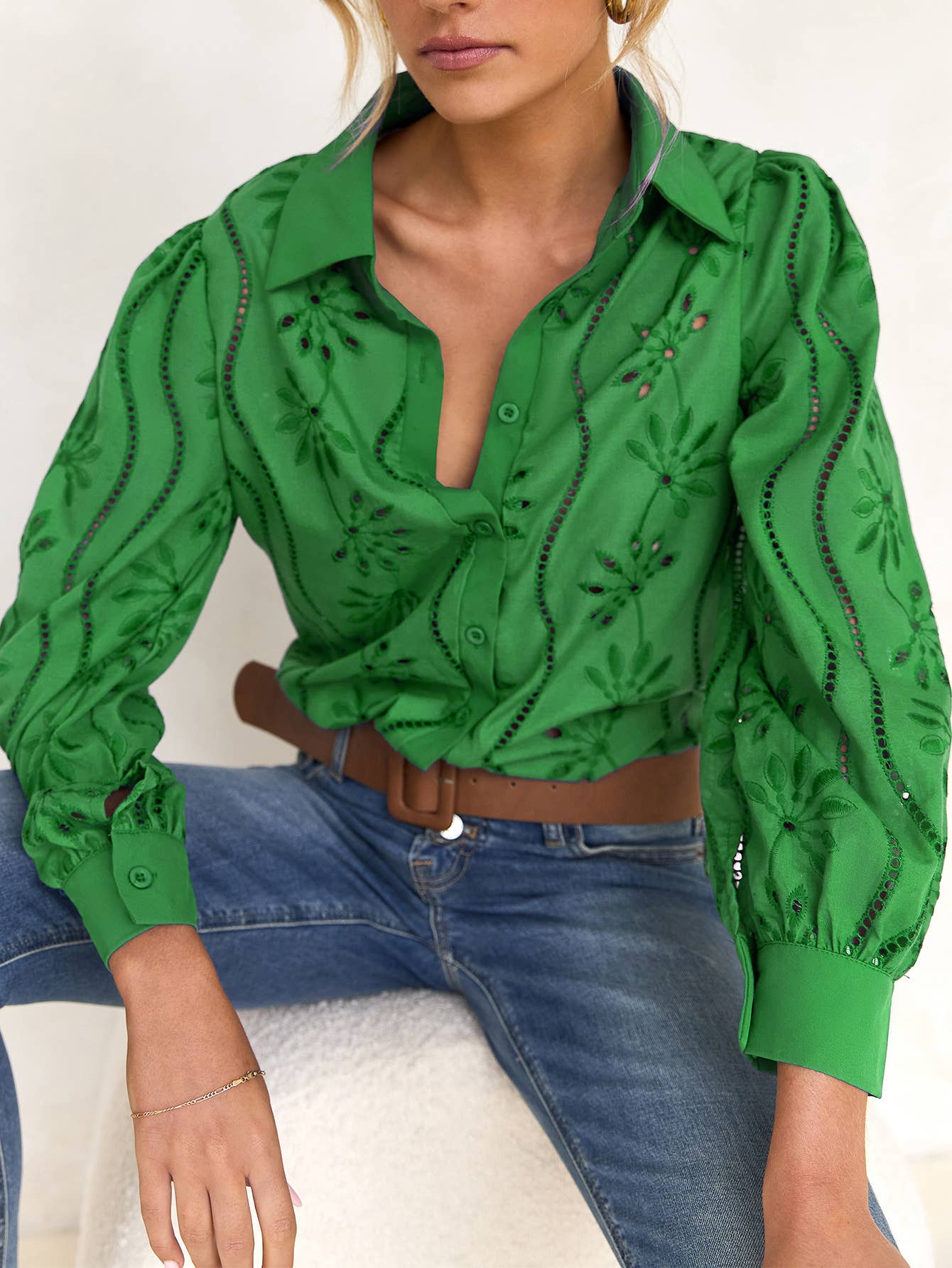 EMBROIDERED LOOPED LONG-SLEEVED LAPEL SHIRT