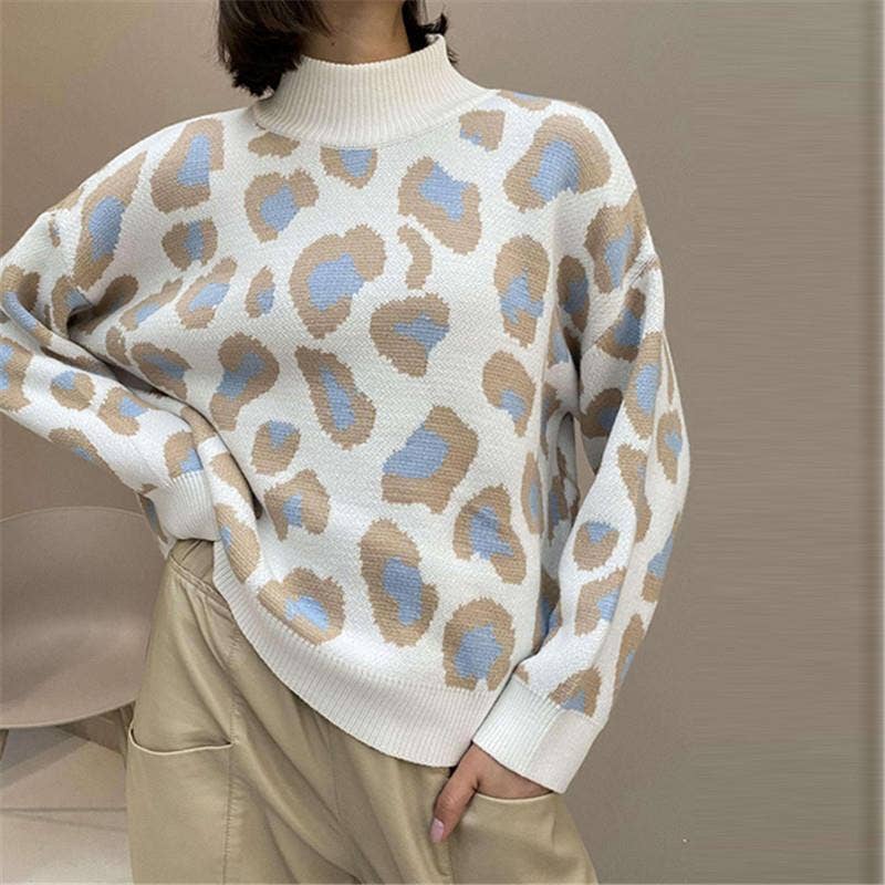 LEOPARD-PRINT HALF-TURTLENECK SWEATER LOOSE WOOL