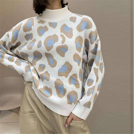 LEOPARD-PRINT HALF-TURTLENECK SWEATER LOOSE WOOL