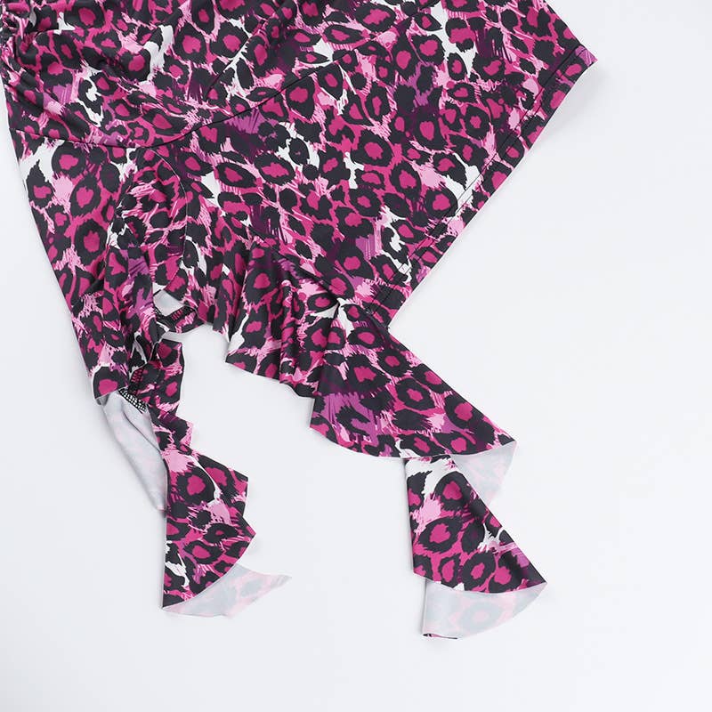 Lace-trimmed slit leopard print halter dress