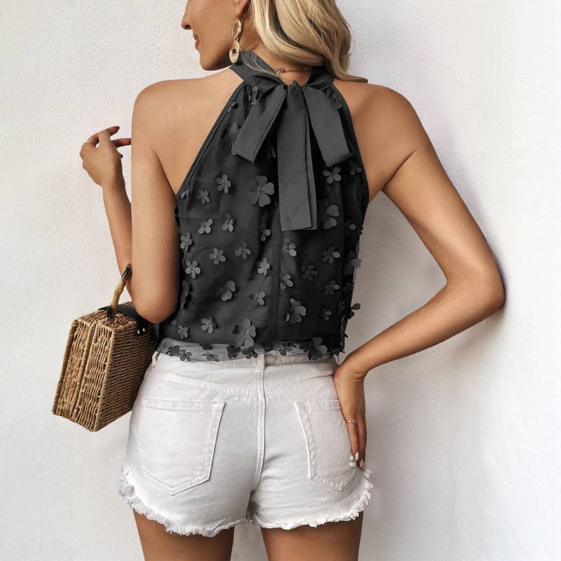 Sleeveless Halter Tie 3D Appliqu? Organza Top