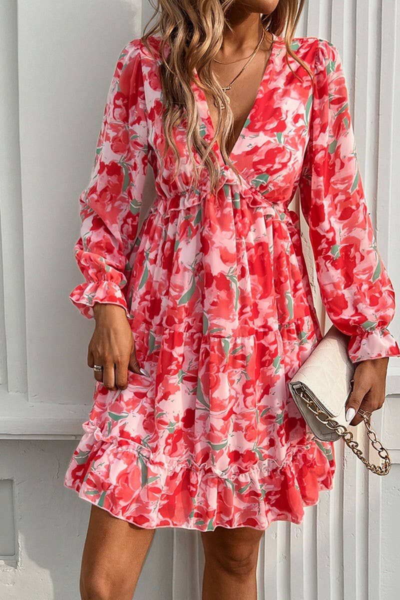 CWDSD7137_ELEGANT PRINTED V NECK LONG SLEEVE DRESS