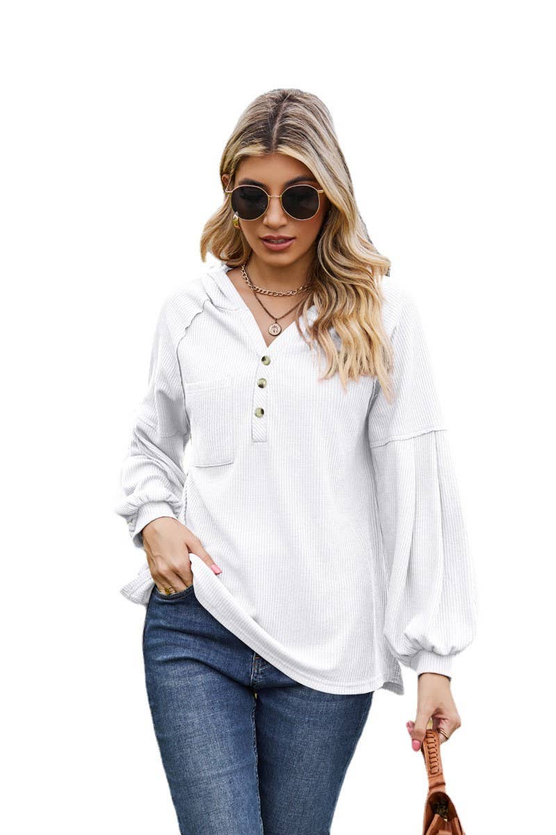 CWOHOL1095_NEW HOODED BUTTON LOOSE LONG-SLEEVED SWEATSHIRT