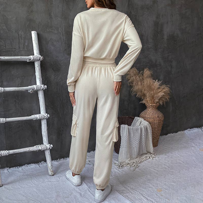 SOLID COLOR TEXTURE CASUAL TWO-PIECE SET