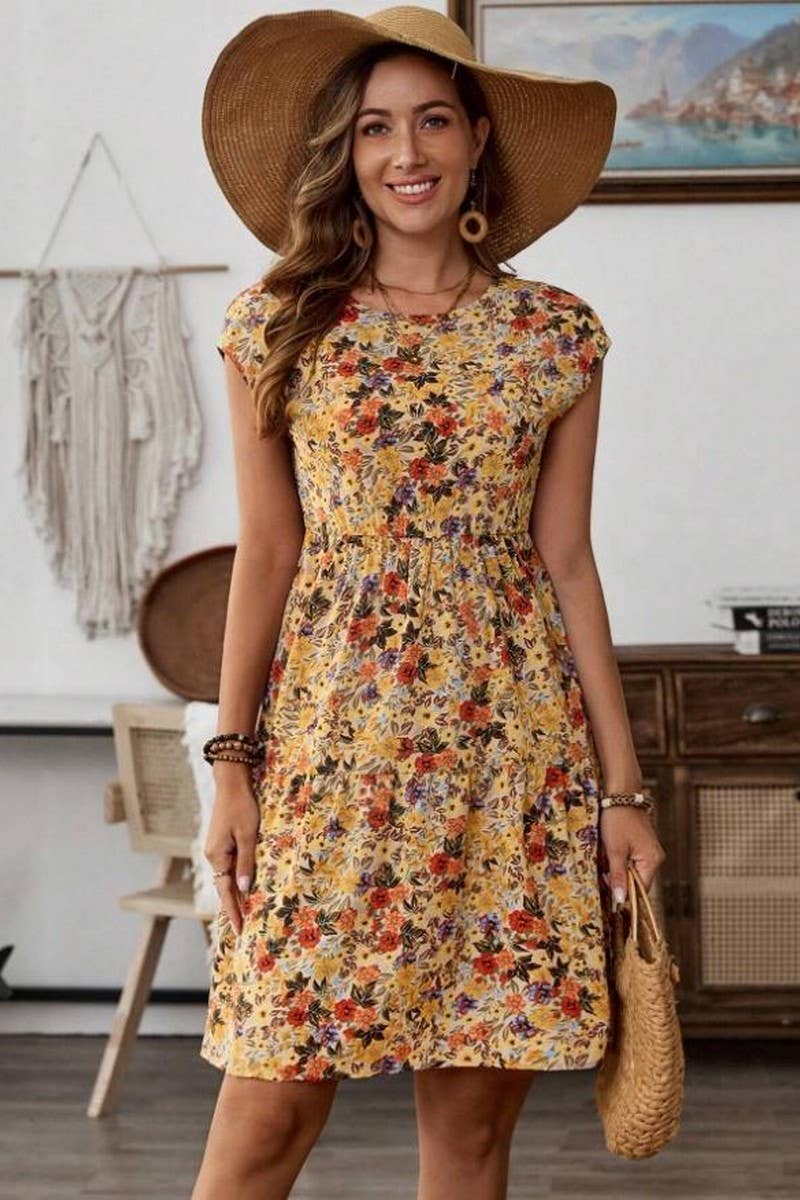 CWDSD8379_PRINTED ELASTIC WAIST SHORT SLEEVE DRESS