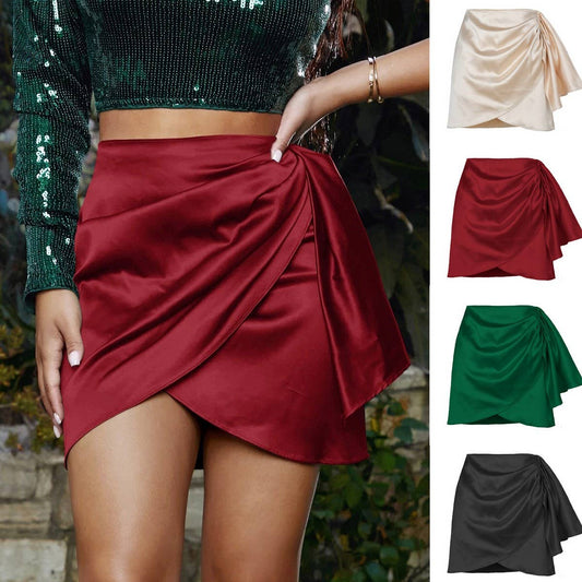 IRREGULAR ZIPPER SKIRT SATIN HIGH WAIST MINI SKIRT_CWAB4809