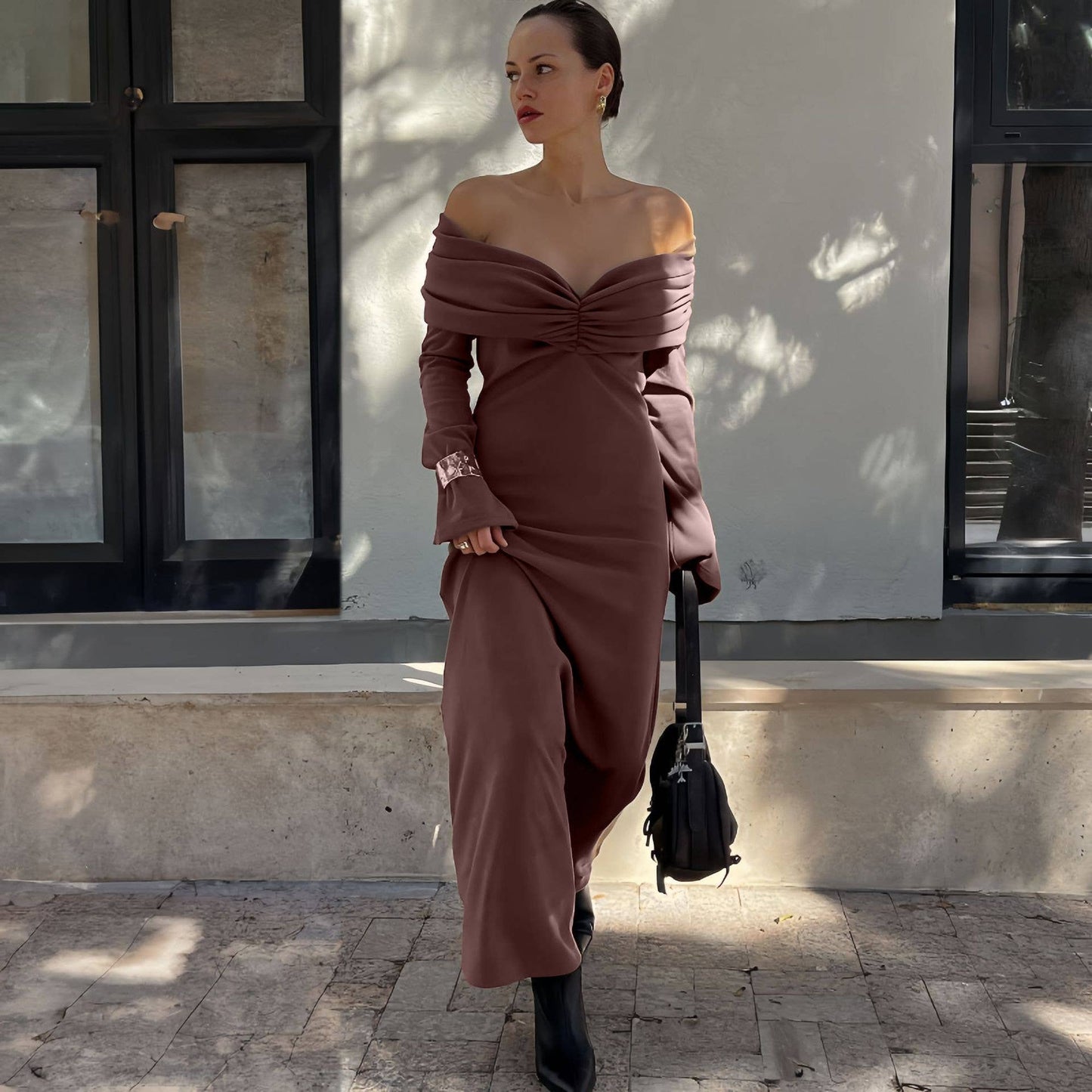 SLIM COFFEE COLOR TEMPERAMENT DESIGN SENSE DRESS