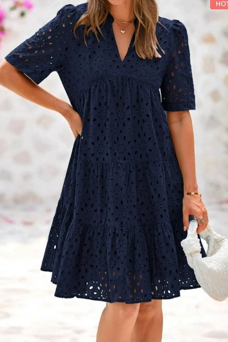 CWDSD8527_V-NECK HOLLOW LACE ELEGANT A-LINE DRESS