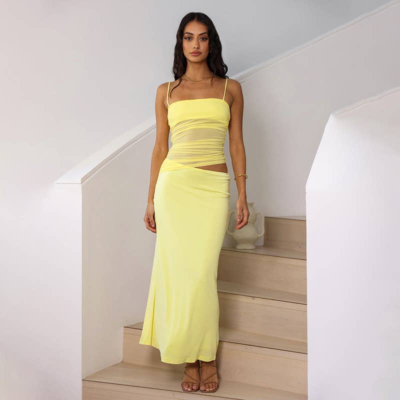 Solid color sleeveless pleated halter dress set