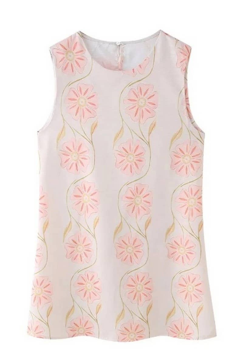 CWDSD6614_PINK ROUND NECK FLORAL SLEEVELESS DRESS