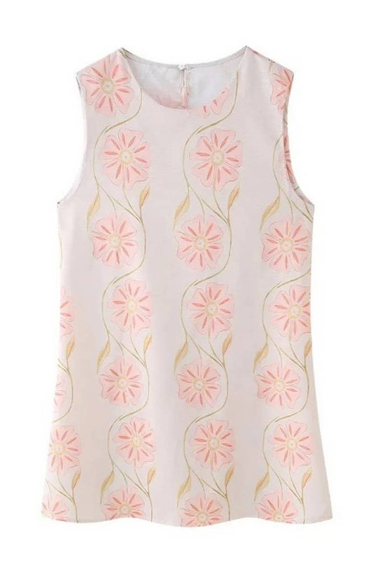 CWDSD6614_PINK ROUND NECK FLORAL SLEEVELESS DRESS