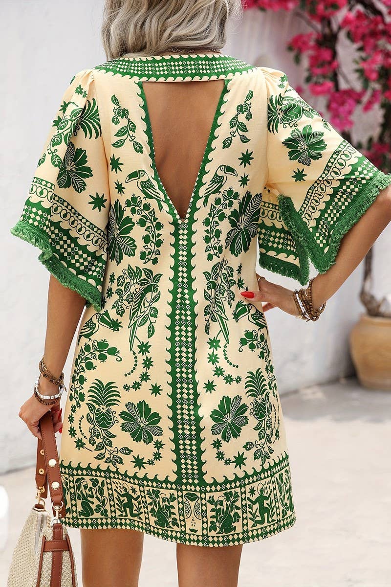 CWDSD8847_BOHO PLACEMENT PRINT TASSEL SLEEVE DRESS