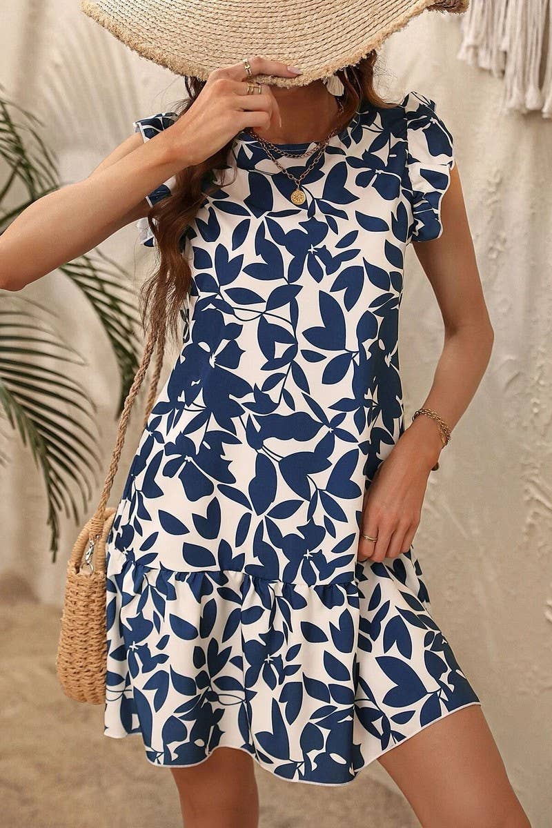 CWDSD7520_NEW SUMMER FLYING SLEEVE RUFFLED PRINT DRESS