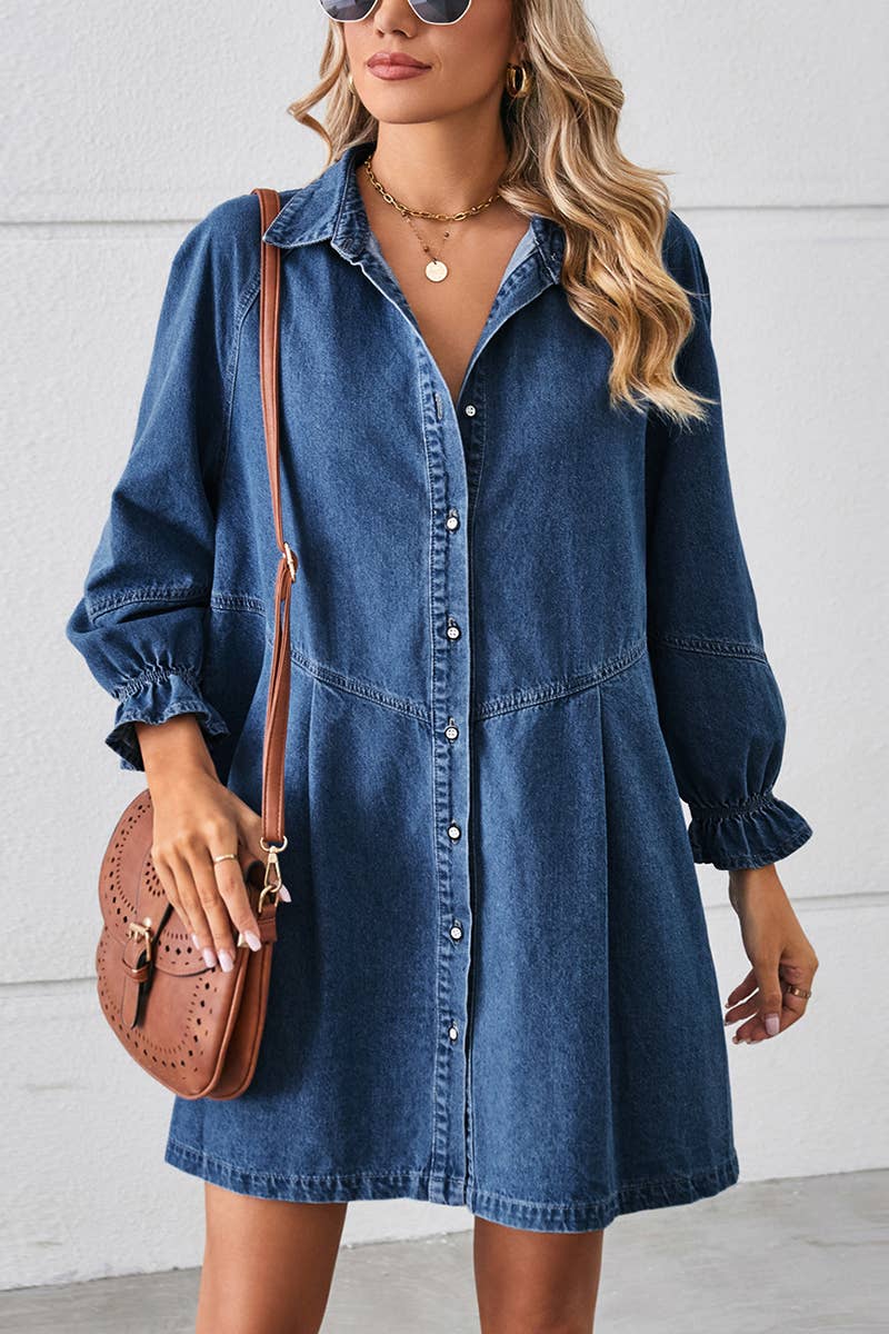 Loose wash long sleeve denim single breasted short dress