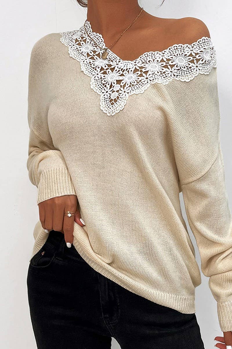 V-neck lace lace solid color pullover sweater