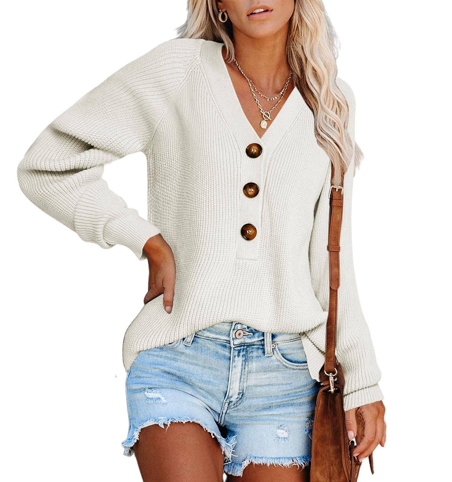 KNIT PULLOVER V-NECK SINGLE BREASTED SWEATER