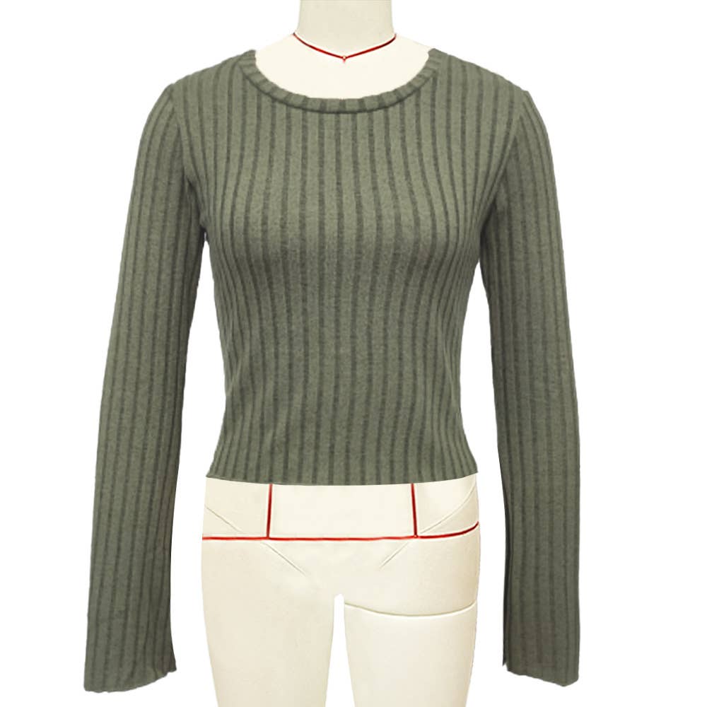 FLARED LONG-SLEEVED CREW NECK PULLOVER T-SHIRT