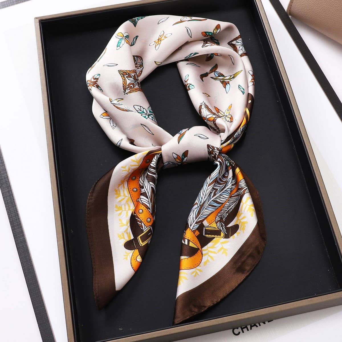 Vintage Letter Print Satin Square Scarf for Women