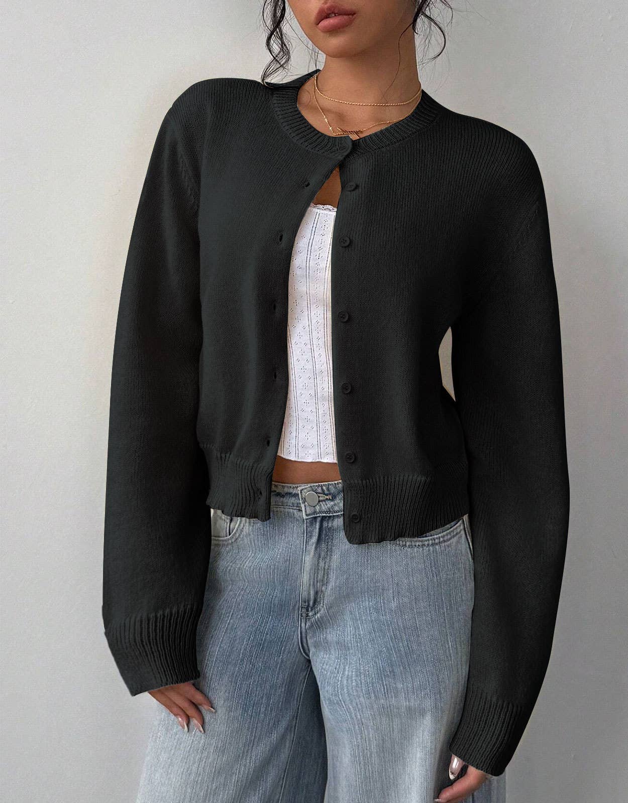 Thin,round-neck,single-breasted short cardigan