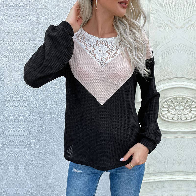 LACE CUTOUT SWEATER WITH A CONTRASTING CREW-NECK